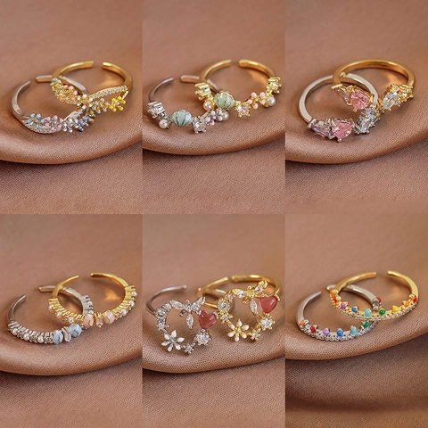 Mode Kupfer Zirkonia Verstellbarer Öffnungsring Mit Künstliche Perlen Emaille Herz Blume Schmetterling Elementen Gold Silber Schmuck Für Damen