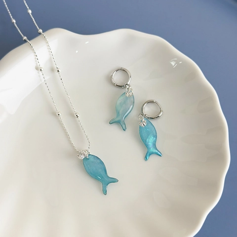 Vacation Style Blue Gradient Fish Pendant Necklace Hoop Earrings Alloy Resin Sweet Ocean Beach Jewelry For Women