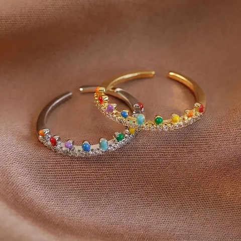 Anillo Abierto Ajustable de Esmalte Arcoíris Romántico Francés Cobre Zirconia Incrustado Bohemio Anillos Minimalistas Mujer