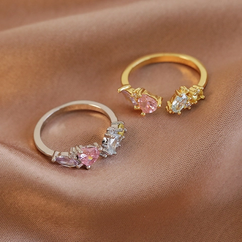 Fashion Copper Geometric Open Ring Pink Heart Zirconia Inlaid Adjustable Finger Ring Sweet Elegant Women Jewelry Accessory