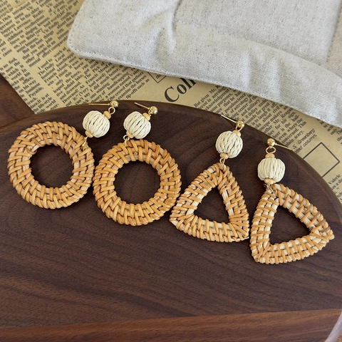 Bohemian Handgefertigte Bambus Geflochtene Geometrische Ohrhänger Rund Dreieck Stroh Strand Resort Stil Schmuck Damen