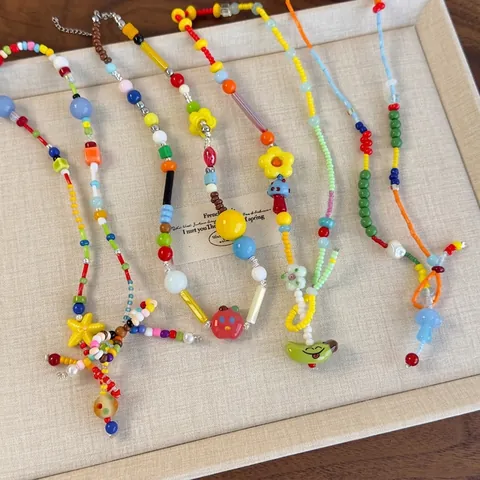 Handgefertigte Bunte Perlenkette Mit Harz Blume Frucht Anhänger Böhmischen Dopamin Stil Schmuck Für Damen Tägliche Accessoire