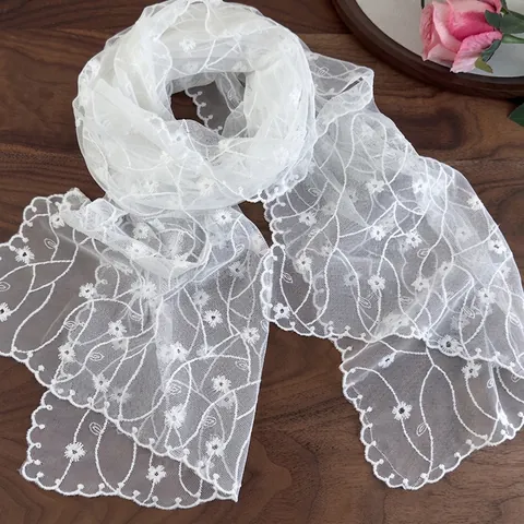 Donna Elegante Bianco Pizzo Ricamo Floreale Mesh Sciarpa Bordo Festonato Fascia Capelli Copricapo Sciarpa Decorativa