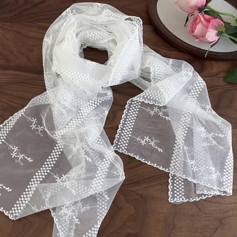 Damen Spitzenschal Weiß Blumenstickerei Netz Langer Schal Vintage Transparent Leicht Dekorativ Sommer Hochzeit Party Accessoire
