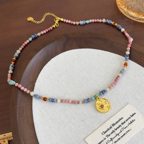 Bohemian Stone Beaded Necklace For Women With Gold Alloy Sun Relief Pendant Vintage Ethnic Style Handmade Choker Jewelry Gift