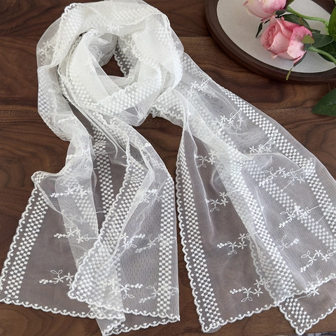 Damen Spitzenschal Weiß Blumenstickerei Netz Langer Schal Vintage Transparent Leicht Dekorativ Sommer Hochzeit Party Accessoire