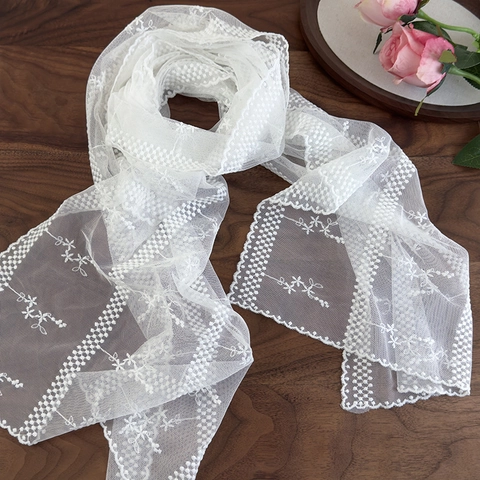 Women Lace Scarf White Flower Embroidery Mesh Long Shawl Vintage Transparent Lightweight Decorative Wrap Summer Wedding Party Accessory