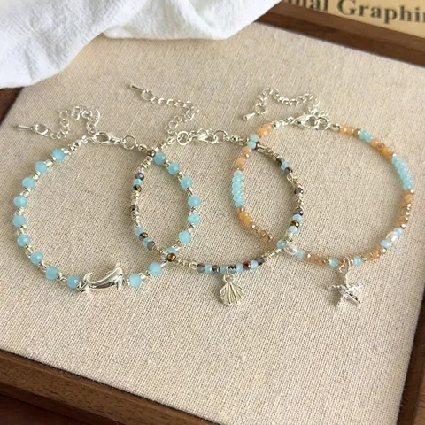 Ocean Theme Artificial Crystal Beaded Bracelet With Copper Seashell Starfish Dolphin Charm Vacation Beach Women Jewelry