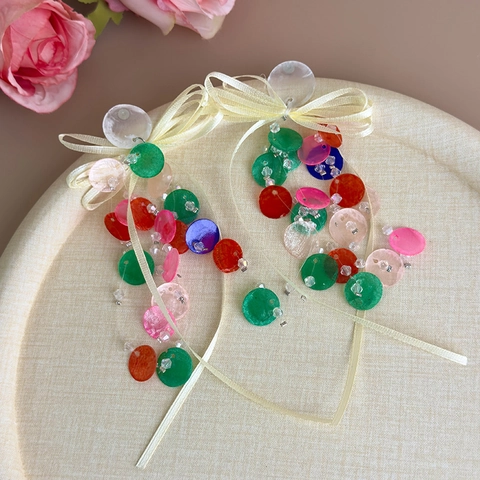 Pendientes Bohemios de Borla de Disco de Concha Colorida Lazo de Cinta Amarilla Joyería Dulce Estilo de Vacaciones Mujer