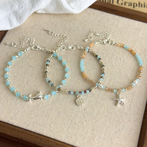 Pulsera de Cuentas de Cristal Artificial Tema del Océano Con Dije de Concha Estrella de Mar Delfín de Cobre Joyas de Playa