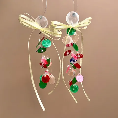 Pendientes Bohemios de Borla de Disco de Concha Colorida Lazo de Cinta Amarilla Joyería Dulce Estilo de Vacaciones Mujer