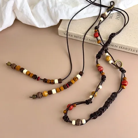 Vintage Bohemian Ethno Perlen Geflochtene Taillenkette Damen Kunstleder Holzperlen Vielseitiger Kleid Taillengürtel Zubehör