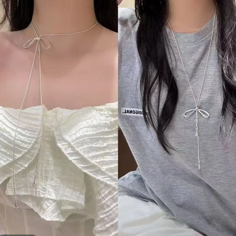Minimalistische Edelstahl Schleife Lariat Halskette Für Damen Silber Schlangenkette Mit Wassertropfen Anhänger Schmuck