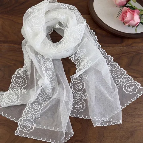 Women French Vintage Romantic White Polyester Lace Scarf With Rose Embroidery Scalloped Edge Lightweight Sheer Mesh Shawl