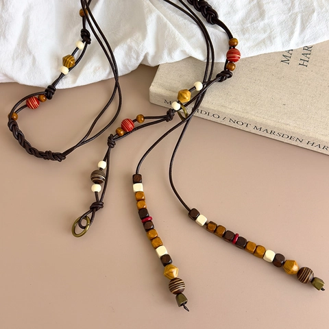 Vintage Bohemian Ethno Perlen Geflochtene Taillenkette Damen Kunstleder Holzperlen Vielseitiger Kleid Taillengürtel Zubehör