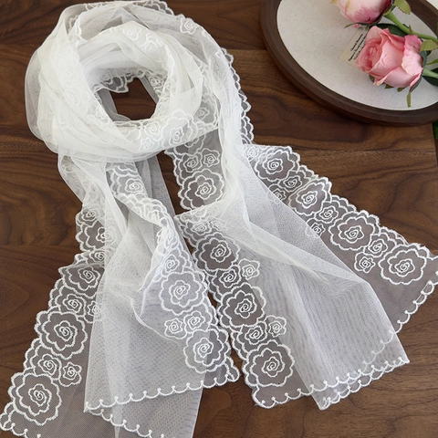 Women French Vintage Romantic White Polyester Lace Scarf With Rose Embroidery Scalloped Edge Lightweight Sheer Mesh Shawl