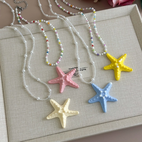 Collier de Perles avec Pendentif Étoile de Mer en Résine Dopamine Style Vacances Plage Île Collier de Perles Artificielles Femme