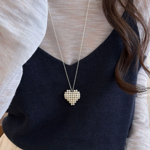 Elegante Collar Con Colgante de Corazón de Perlas Artificiales Para Mujer Cadena Larga de Suéter de Perlas Tejidas a Mano Joyería