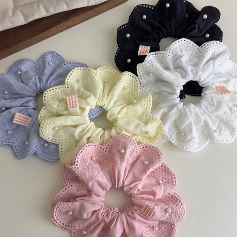 Koreanischer Stil Elegantes Spitze Haargummi Mit Künstlicher Perlenverzierung Stoff Gestrickt Handmade Großer Haarkreis