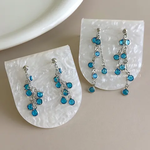 Funkelnde Blaue Glas Kristall Traubenbündel Quaste Ohrringe Lange Kette Hinten Hängende Ohrhänger Legierung Schmuck Damen