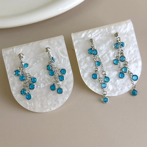Funkelnde Blaue Glas Kristall Traubenbündel Quaste Ohrringe Lange Kette Hinten Hängende Ohrhänger Legierung Schmuck Damen