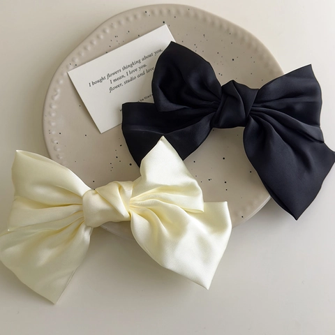 Large Satin Bow Hair Clip French Elegant Ribbon Spring Clip Handmade Solid Color Hair Accessory For Women Girls