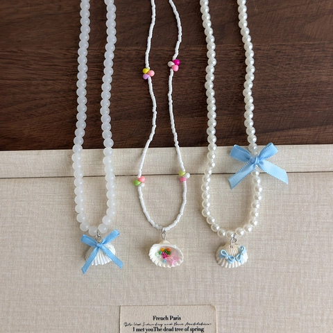 Collar Hecho a Mano Con Concha Perlas Artificiales Resina Vidrio Lazo Azul Para Mujer Verano Vacaciones En La Playa