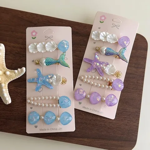 Juego de Pinzas para el Cabello con Tema de Océano de Resina y Perlas Artificiales Cola de Sirena Concha para Mujeres Niños