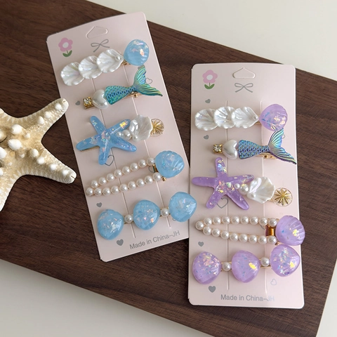 Harz Künstliche Perle Ozean Thema Haarspangen Set Meerjungfrauenschwanz Muschel Seestern Haarschmuck Für Damen Kinder