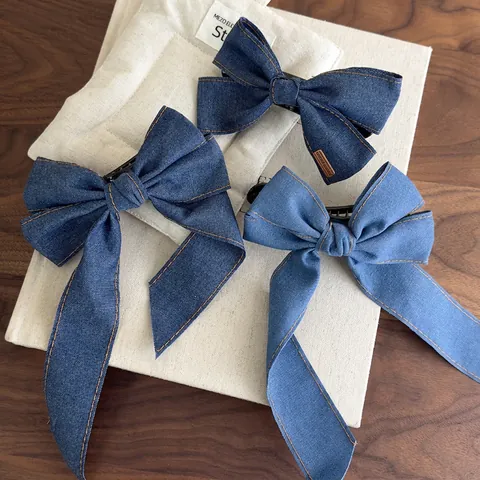 Pinza para el Pelo con Lazo de Tela de Mezclilla Vintage Con Cintas Largas Costuras en Contraste Dulce Horquilla Hecha a Mano Para Mujeres Accesorios para el Cabello