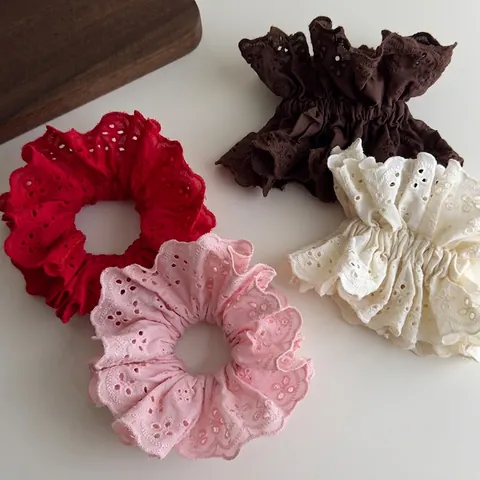 Women Korean Style Lace Scrunchie Elegant Hollow Eyelet Embroidery Elastic Hair Tie Vintage Floral Hair Band Accessories