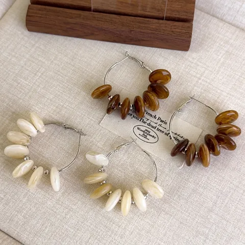 Pendientes de Aro Estilo Vintage Retro Francés Con Cuentas de Resina Con Textura de Mármol y Aro de Metal Cobre Mujer Joyería