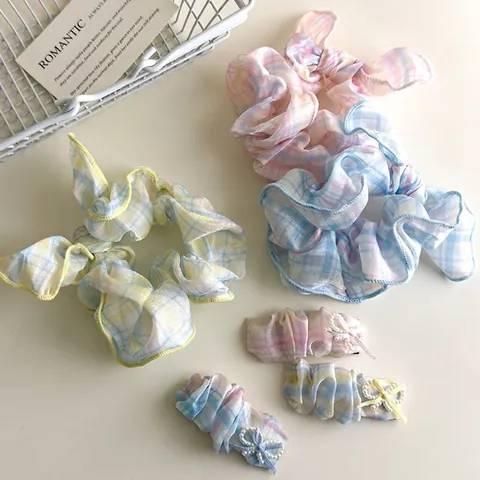 Sweet Plaid Bow Hair Scrunchies And Clips Set With Artificial Pearl Decor Korean Style Fabric Hair Ties For Women Girl Daily Accessories