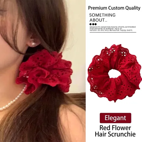 Women Korean Style Lace Scrunchie Elegant Hollow Eyelet Embroidery Elastic Hair Tie Vintage Floral Hair Band Accessories