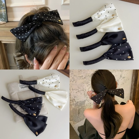 Elegant Satin Bowknot Banana Clip For Women Polka Dot Solid Color High Ponytail Hair Accessory With Gold Metal Label