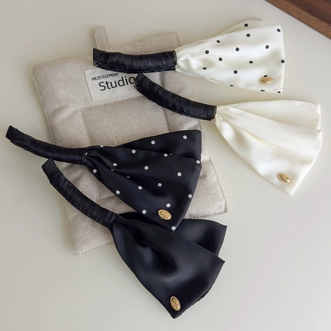 Elegant Satin Bowknot Banana Clip For Women Polka Dot Solid Color High Ponytail Hair Accessory With Gold Metal Label