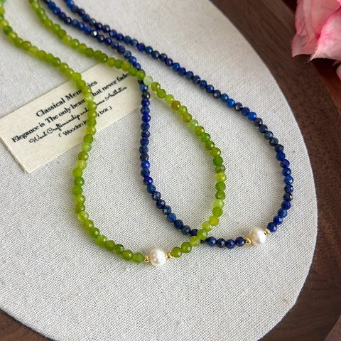 Elegant Freshwater Pearl Necklace With Faceted Blue Lapis Style Or Green Peridot Style Beads Alloy Vintage Jewelry For Women