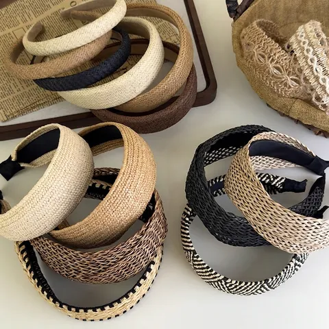 Bohemian Resort Style Handwoven Straw Wide Headband Vintage Geometric Pattern Hair Band For Women Beach Travel Hair Accessories