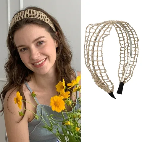 Bohemian Resort Style Handwoven Straw Wide Headband Vintage Geometric Pattern Hair Band For Women Beach Travel Hair Accessories