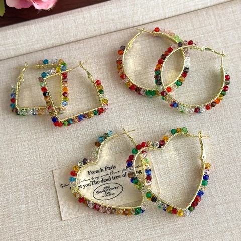 Pendientes de Aro de Cobre Dorado Bohemio Con Diamantes de Imitación Coloridos Corazón Cuadrado Redondo Pendientes Geométricos Mujer Joyería