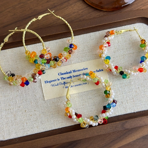 Bohemian Alloy Multicolor Rhinestone Beaded Hoop Earrings For Women Retro Artificial Pearl Wrapped Vacation Jewelry