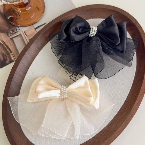 Pince à Cheveux Élégante Nœud en Satin et Organza Avec Künstliche Perles d'Imitation Style Français Vintage Accessoires Cheveux
