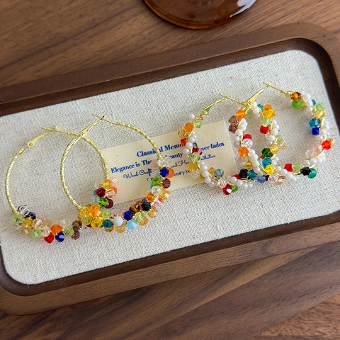 Bohemian Alloy Multicolor Rhinestone Beaded Hoop Earrings For Women Retro Artificial Pearl Wrapped Vacation Jewelry