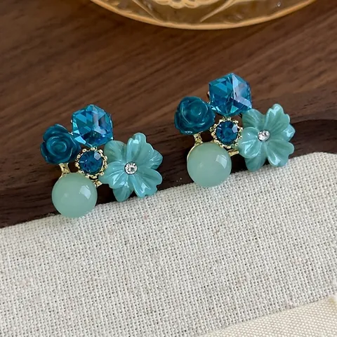 Pendientes de Botón de Aleación de Cristal de Flor Vintage Francés Azul Rosa de Resina Pendientes de Racimo Geométricos Joyería Mujer
