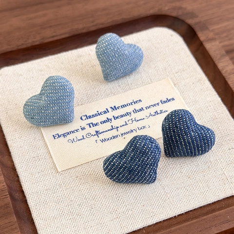 Koreaanse Vintage Denim Stof Hart Oorknopjes Zoete Knoop Handgemaakte Stoffen Hart Sieraden Voor Vrouwen Dagelijks Daten Mode