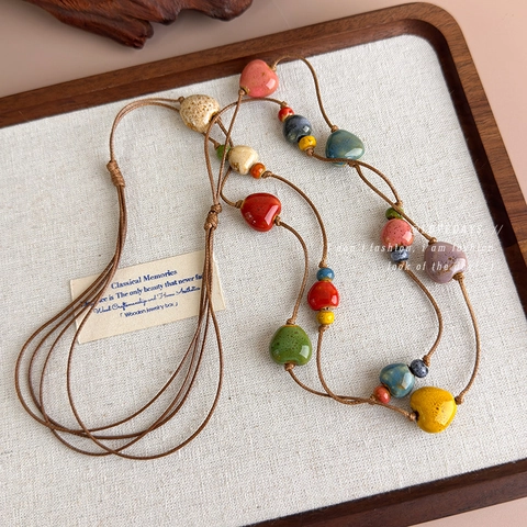 Handmade Colorful Ceramic Heart Beaded Necklace Layered Bohemian Style Dopamine Long Cord Chain Jewelry For Women Accessory
