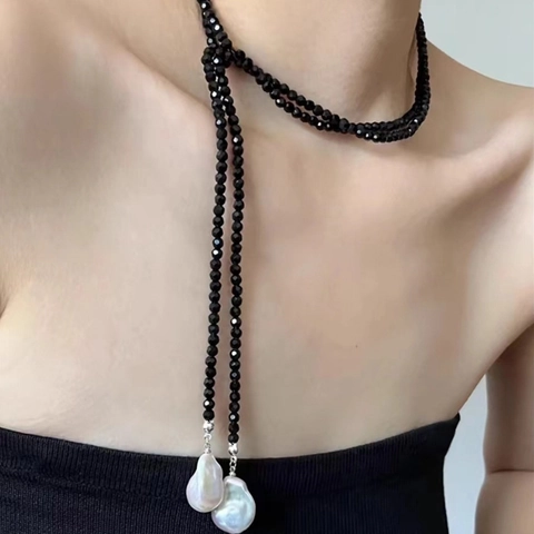 Collana Lunga in Perline di Cristallo Artificiale Retrò Francese Con Pendente in Perla Artificiale Barocca Donna