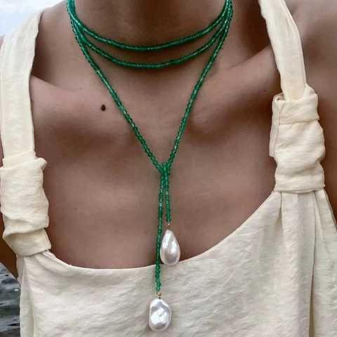 Collana Lunga in Perline di Cristallo Artificiale Retrò Francese Con Pendente in Perla Artificiale Barocca Donna