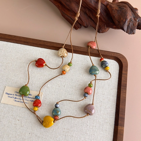 Handmade Colorful Ceramic Heart Beaded Necklace Layered Bohemian Style Dopamine Long Cord Chain Jewelry For Women Accessory