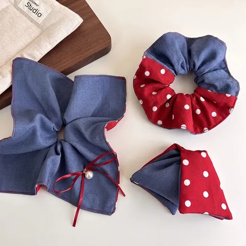 Scrunchies in Tessuto Stile Denim Retrò Fermaglio per Capelli Fiocco Perla Artificiale Pois Elastici per Capelli Donna Stile Collegiale Accessori
